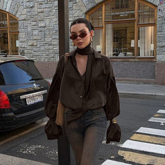 Satin Lantern Sleeve Blouse with Scarf Tie