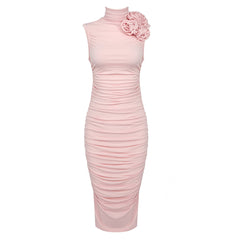 Romantic Pink Ruched Dress with Rosette Shoulder