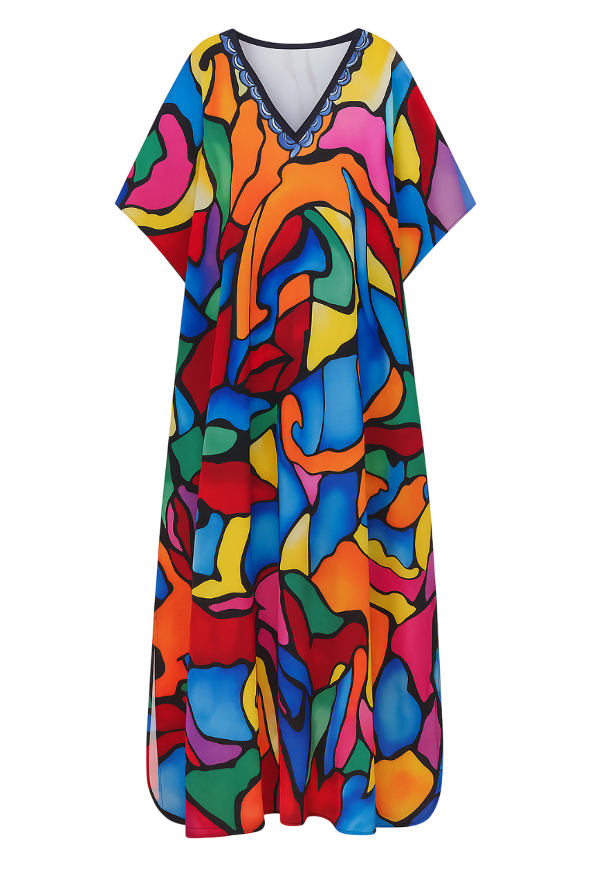 Rainbow Mosaic Oversized V-Neck Maxi Dress