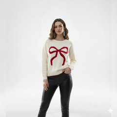 Round Neck Christmas Sweater with A Bow