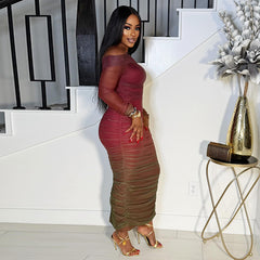 Off-the-Shoulder Ombré Ruched Mesh Maxi Dress