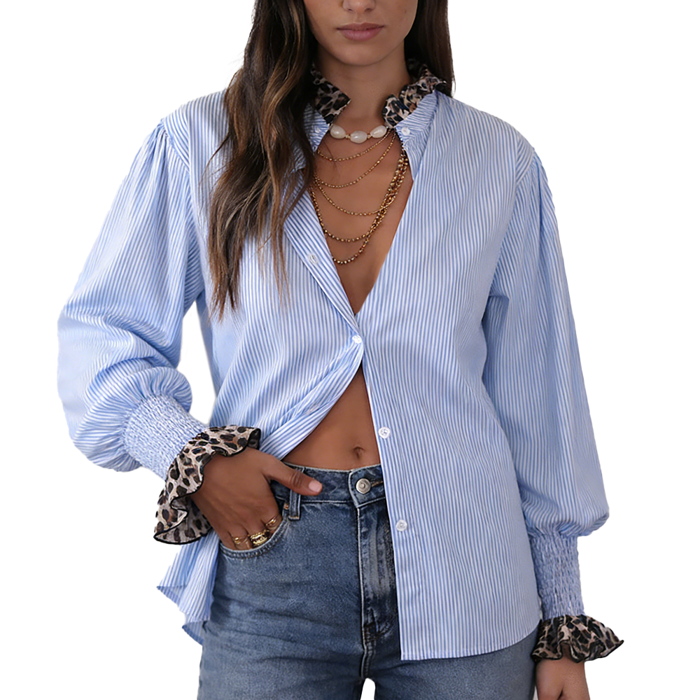 Blue Stripe Shirt with Leopard Cuffs