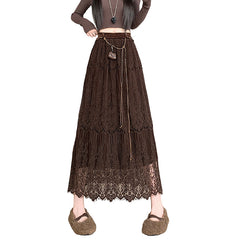 Boho-Chic Tiered Lace Maxi Skirt with Tassel Belt
