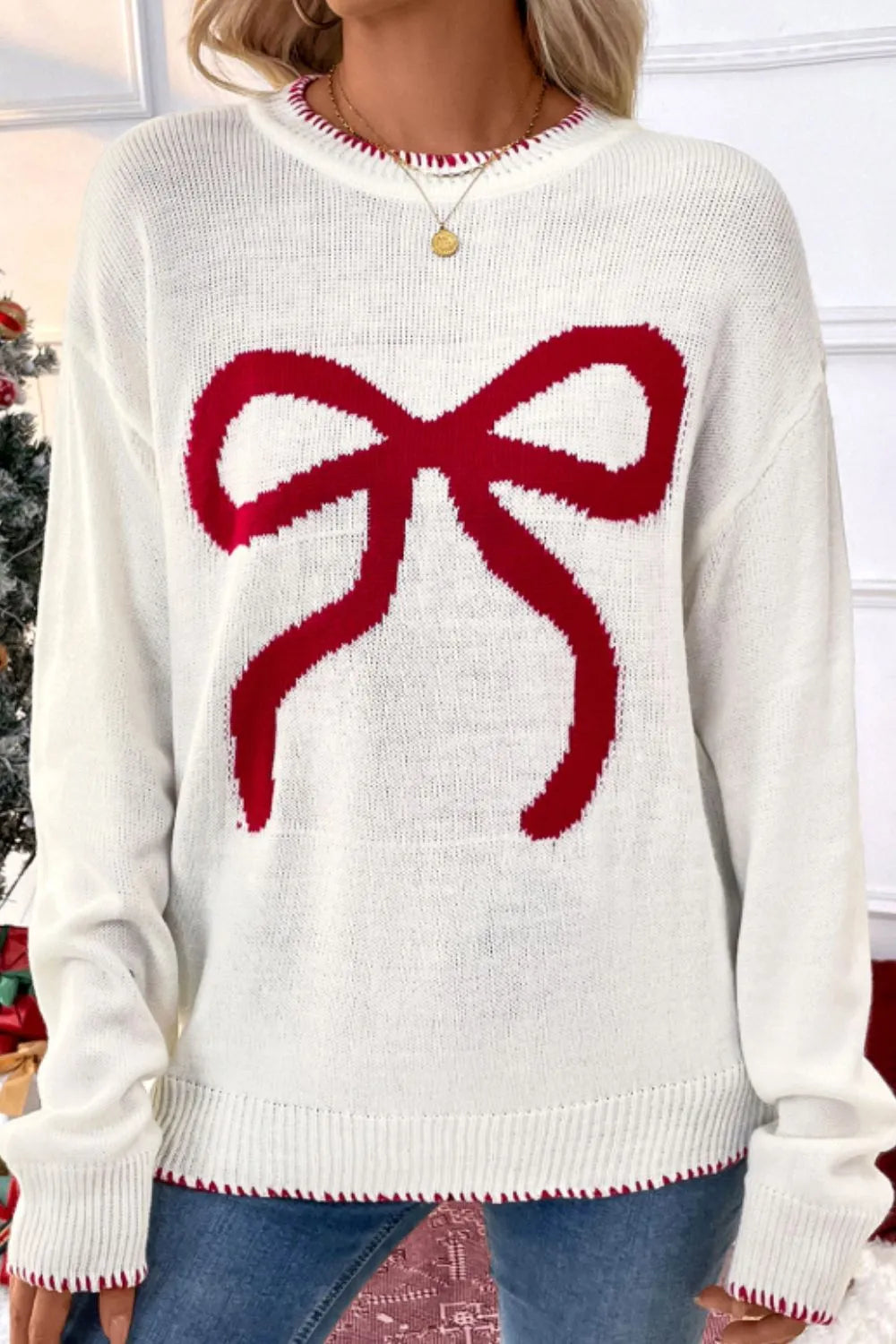 Round Neck Christmas Sweater with A Bow
