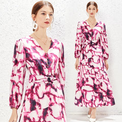 Pink Ink-Pattern Belted Flowing Gown