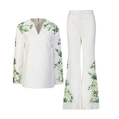 Floral Embroidered V-Neck Top and Flare Pant Set