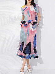 Pastel-Hued Abstract Print Ruffled Suit