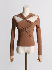 Twist-Front Cut-Out Long-Sleeve Top