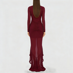 Burgundy V-Neck Ruched Dress