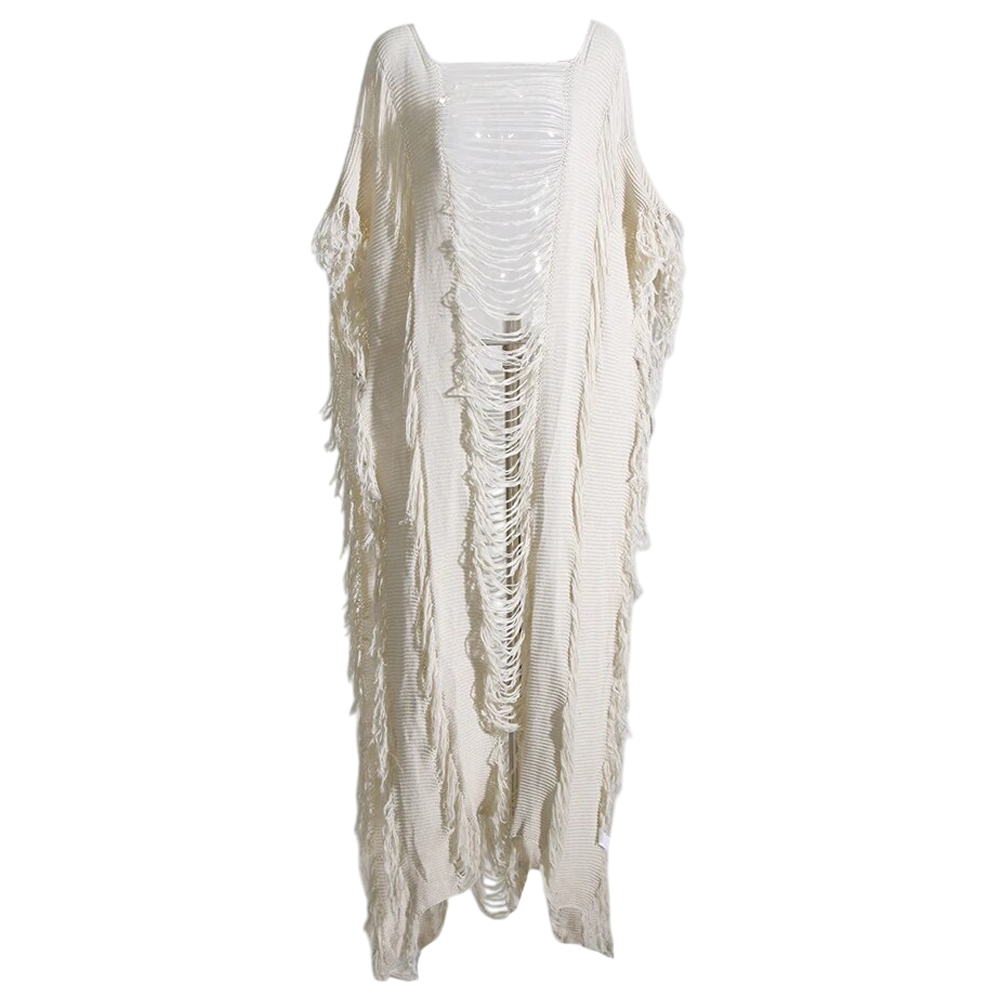 Boho Fringe Hollow Knit Maxi Cape