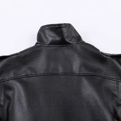 Faux Leather High-Neck Bomber Jacket with Epaulettes