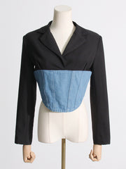 Cropped Blazer with Integrated Denim Corset Waist Detail