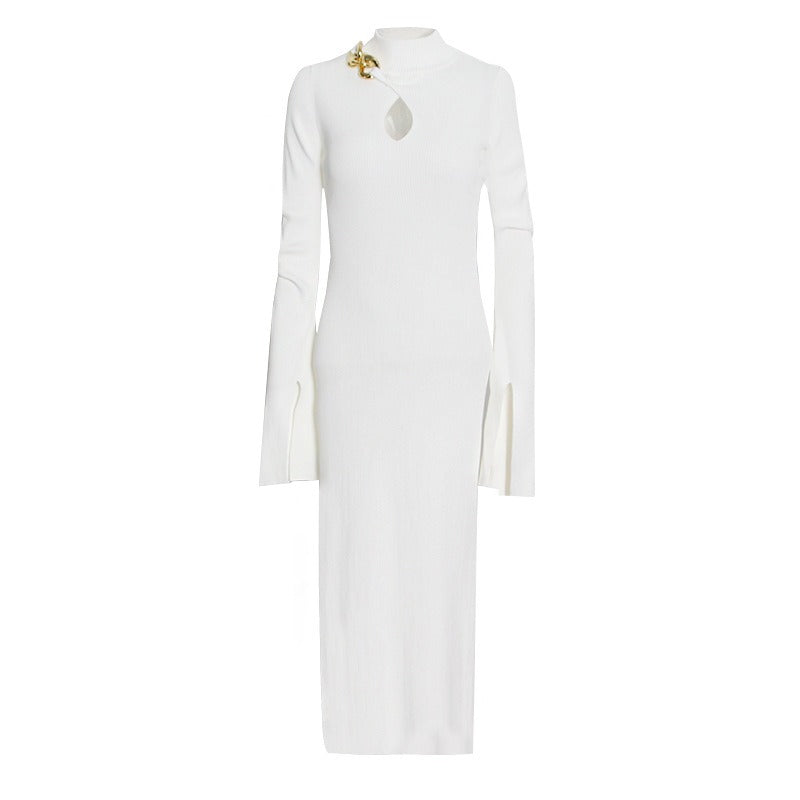 Elegant Gold Chain Shoulder Detail Bodycon Dress