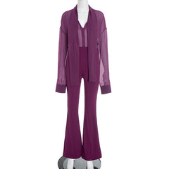Sheer V-Neck Blouse and High-Waisted Flare Pant Set