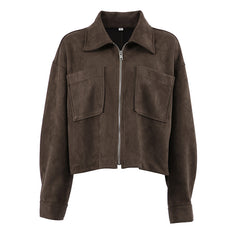 Suede Crop Zip-Up Pocket Workwear Jacket