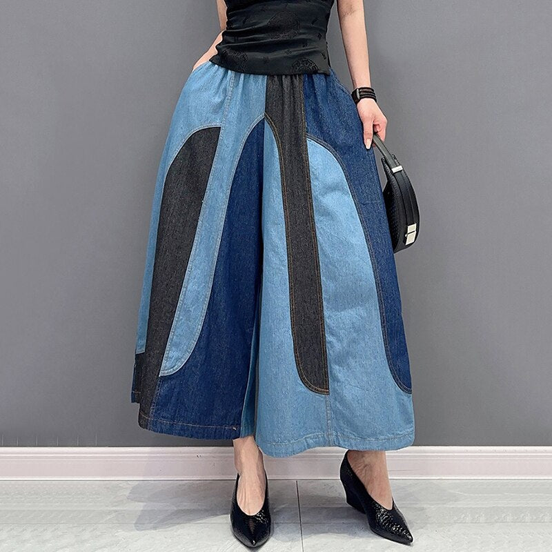 Retro Patchwork Wide-Leg Denim Pants
