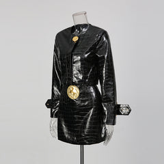 Croc-Embossed Faux Leather Jacket and Mini Skirt Set
