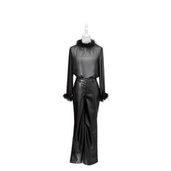 Sheer Feather-Trim Blouse and Faux Leather Wide-Leg Trouser Set