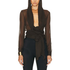 Long Sleeve Chiffon-Style Hooded Wrap Shirt