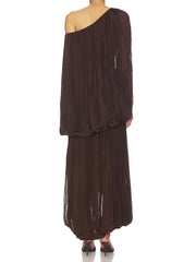 One-Shoulder Pleated Maxi Dress with Asymmetrical Hemline