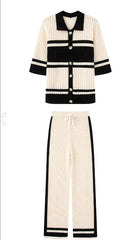 Striped Button-Down Knit Cardigan and Wide-Leg Pants Set