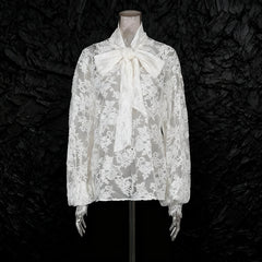 Lace Bow-Tie Blouse and Wide-Leg Pleated Pants Set