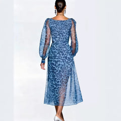 Leopard Print V-Neck Midi Dress with Lantern Sleeves
