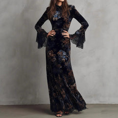 High-Neck Floral Velvet Maxi Dress with Lace Bell Sleeves