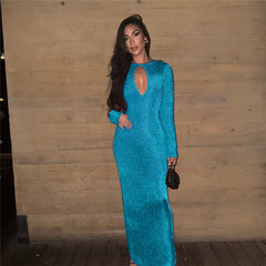 Keyhole Cutout Long Sleeve Shimmer Maxi Dress