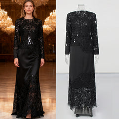 Sequin Lace Patchwork Long Sleeve Maxi Dress
