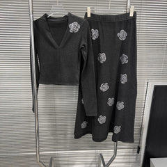 V-Neck Top and Skirt Set with Rhinestone Rose Accents