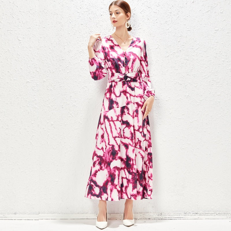Pink Ink-Pattern Belted Flowing Gown