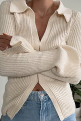 Minimalist Flare-Sleeve Ribbed Collar Top