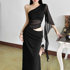 One - Shoulder Cut - Out Mesh Dress