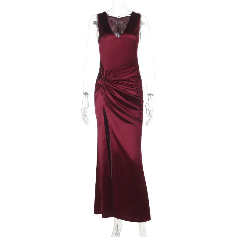 Chic Burgundy Evening Slit Dress