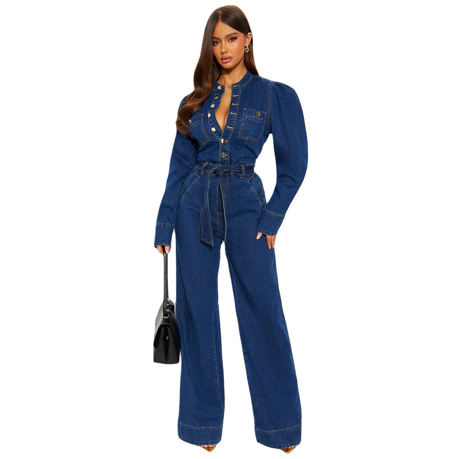 Puff Sleeve Denim Jumpsuit with Belted Waist