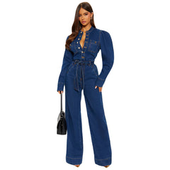 Puff Sleeve Denim Jumpsuit with Belted Waist