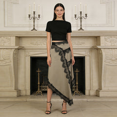 Asymmetric Midi Skirt with Scalloped Lace Insets