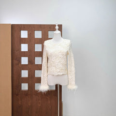 Long-Sleeve Floral Lace Top with Feather-Trimmed Cuffs
