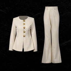 Round Neck Buckle Short Top with Micro Flared Pants Set