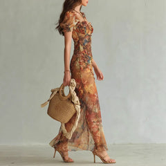 Floral Print Puff Sleeve Maxi Dress with Front Slit
