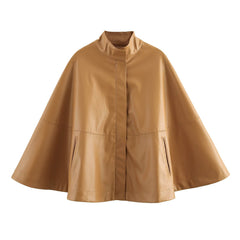 Chic Faux Leather High-Neck Cape Jacket