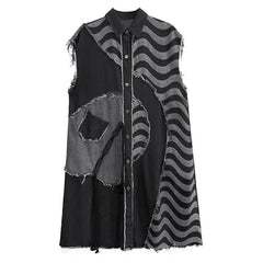 Wavy Striped Oversized Denim Vest Coat