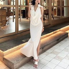 White Halter Draped Maxi Dress Floral Shoulder Slit Gown
