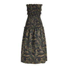 Camouflage Ruffled Strapless Midi Dress