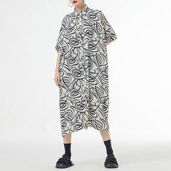 Modern Ink Brush Pattern Collared Dress