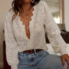 V-Neck Scalloped Lace Long-Sleeve Blouse