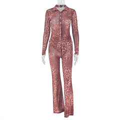 Mesh Button-Up Leopard Print Jumpsuit