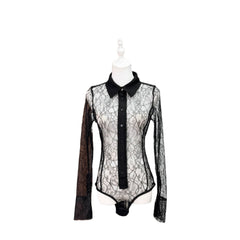 Long Sleeve Floral Lace Button-Down Bodysuit with Collar