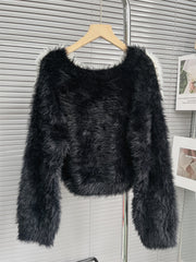 Fuzzy Contrast Colorblock Knit Sweater